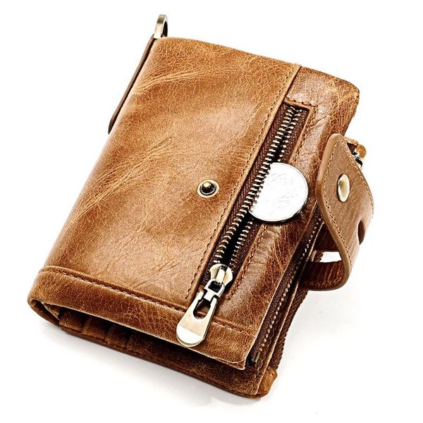 

leather men wallet rfid block retro men's chain casual zipper crazy horse wallets, Red;black