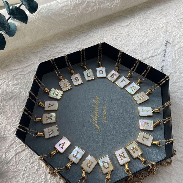 

pendant necklaces trend letters initial for women men gold color square natural shell a-z alphabet necklace fashion jewelry, Silver