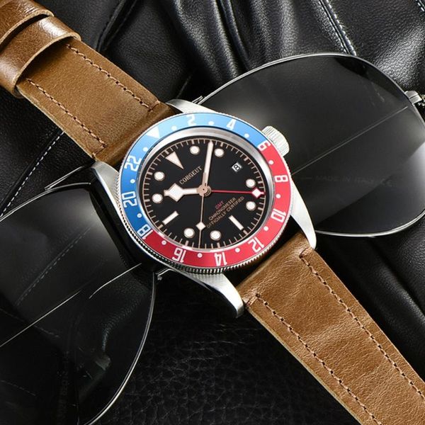

wristwatches schwarz bay design men automatic mechanical gmt watches military sport swim diving sapphire luminous leather watch man ckock, Slivery;brown