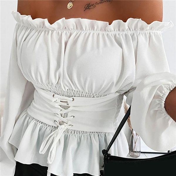 

women's blouses & shirts off shoulder lace-up front ruffles casual white black pink blouse plus size spring and
