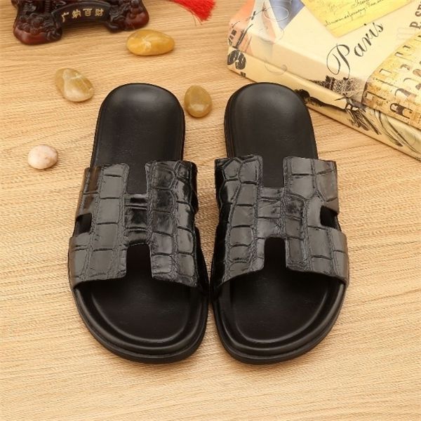 

official website 70% off outlet botiya alligator belly slippers men's leather casual breathable household summer flip flop home factory, Black