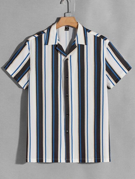 

men striped button front shirt t81a#, White;black
