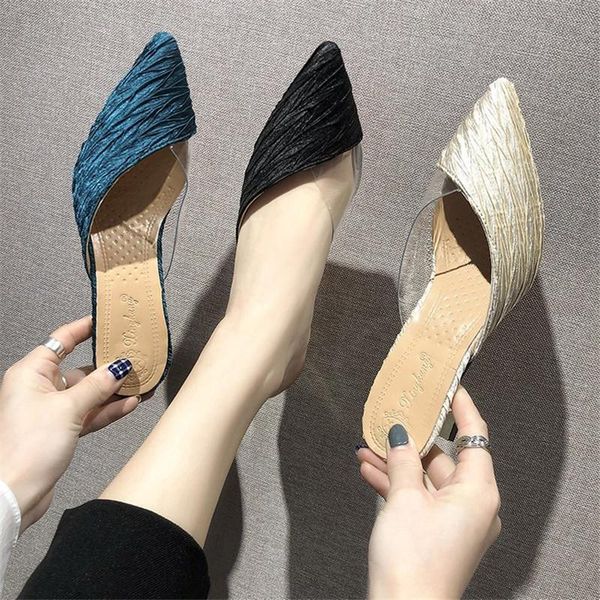 

slippers 2021 summer women high heels slipper pointed toe dress shoes pvc pumps bling woman zapatos mujer mules, Black