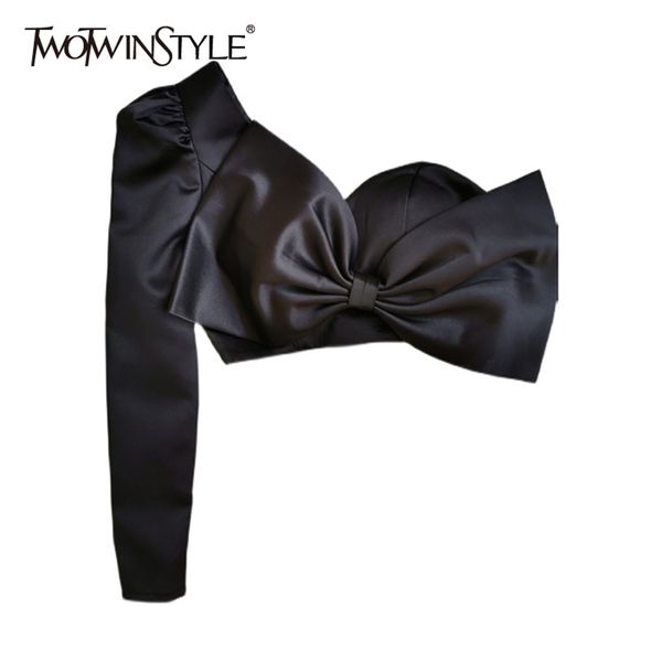 

patchwork bowknot shirt for women strapless long sleeve black short blouse female fashion clothing 210524, White