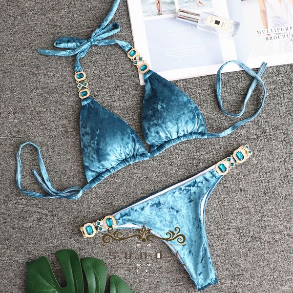 

2021 new fashion blue gold velvet female split swimsuit lace crystal diamond bikini blue