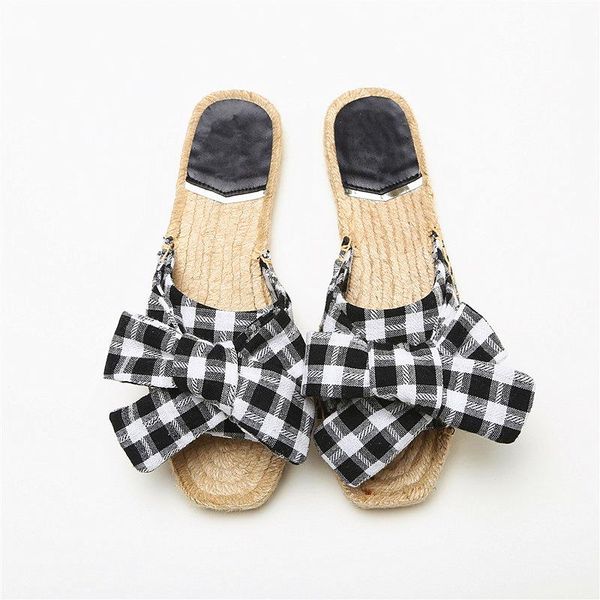 

slippers summer fisherman flat women butterfly knot black white plaid students flip flops open toe casual home outdoor anti-slip