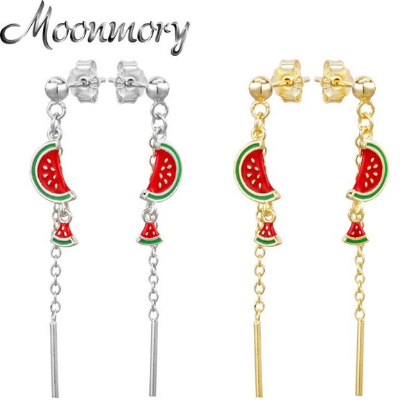 

hoop & huggie moonmory 100% 925 sterling silver watermelon long chain earrings for women fruit dangle piercing european jewelry, Golden;silver