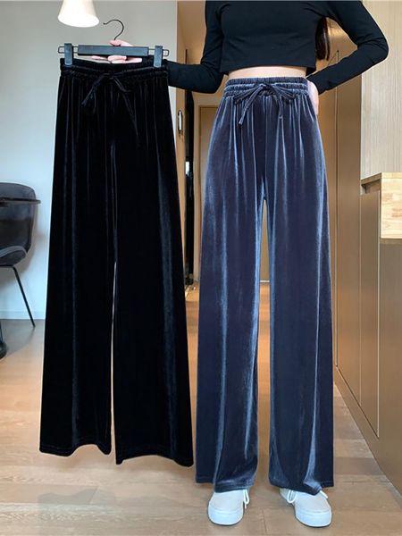 

women's pants & capris women velvet casual 2021 spring autumn black high waist wide leg korean style fashion all-match trousers female, Black;white