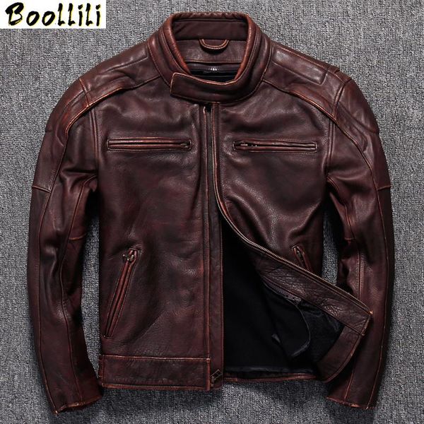 

men's leather & faux boollili retro cowhide genuine jacket men real cow coat motorcycle short vintage jackets, Black