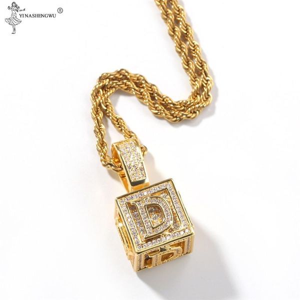 

pendant necklaces micro-inlaid zircon dice cube initial letter for women men necklace hip hop golden colour chain jewelry, Silver