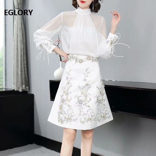 

skirts new runway skirt suits spring summer 2 pc set women silk chiffon blouse+vintage embroidery mini skirt set, Black