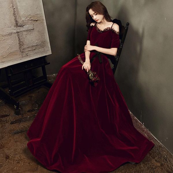 

lady elegant spaghetti strap evening party dress temperament velour banquet gown bow trim exquisite bride wedding dresses ethnic clothing, Red