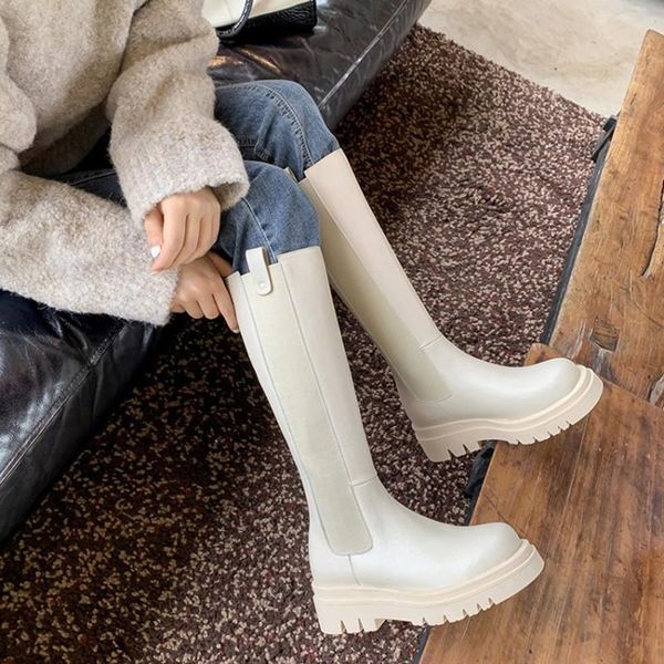 

boots chic round toe knee high women natural genuine leather platform long woman thermal warm fleece dress shoes, Black