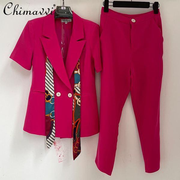 

women's two piece pants 2021 summer korean fashion slim-fit ol suit women short-sleeved blazer straight trousers office lady elegant 2-, White