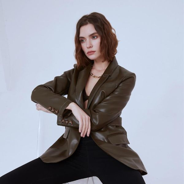 

women's leather & faux 2021 original design single button suit jacket women coats classic peaked lapel mid-length pu blazers, Black