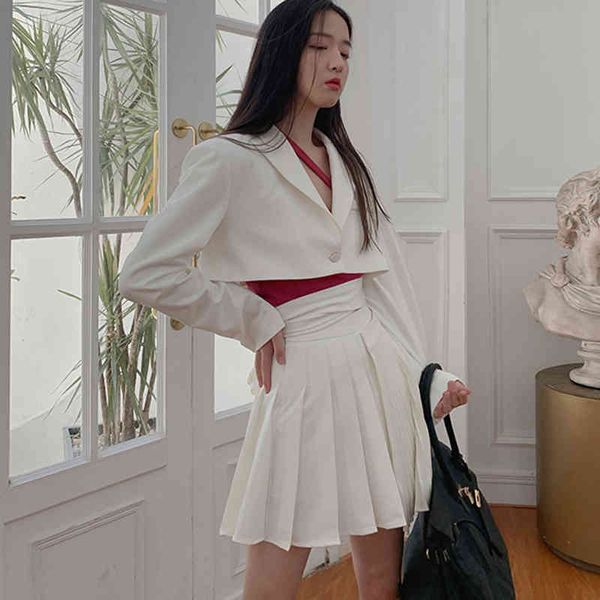 

white korean two piece set for women notched long sleeve blazer high waist pleated skirt female sets 2021 spring