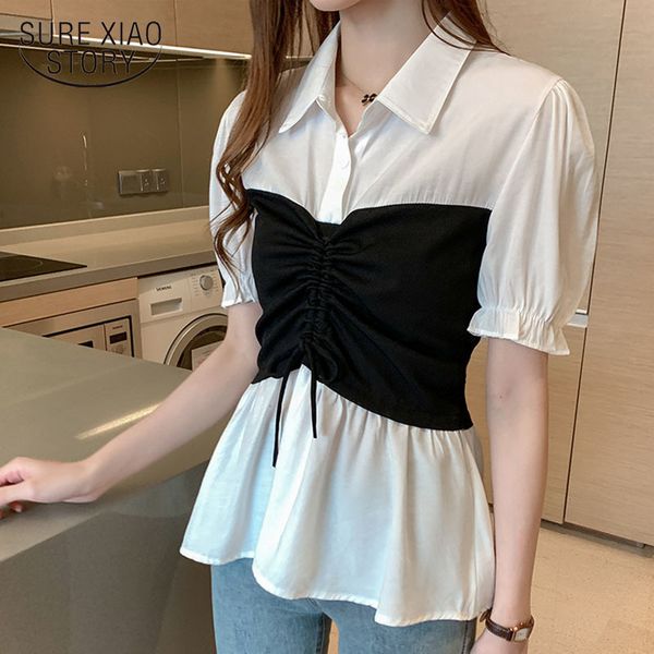 

summer women's blouse solid polo collar women korean clothes wild slim contrast stitching shirts ropa de mujer 9604 210508, White