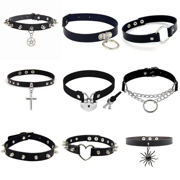 

chokers black leather cross geometric heart chocker dark grunge collar retro neckband clavicle goth necklace rock fashion jewelry, Golden;silver