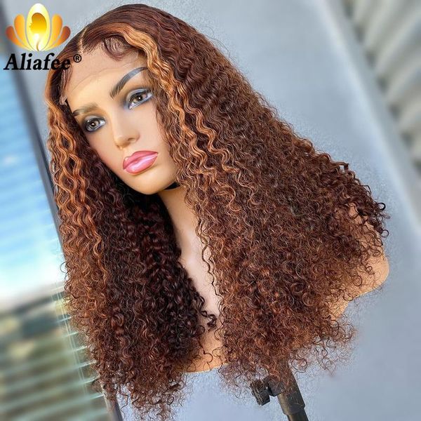 

transparent 30 inch brown honey blonde color kinky curly 4x4 lace closure human hair wigs wig pre plucked for black women, Black;brown