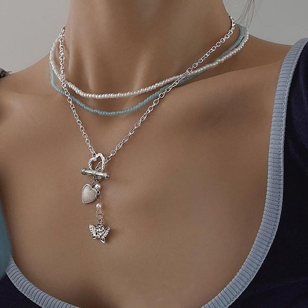 

chokers huanzhi 2021 korean sweet fairy choker love heart rhinestone angel pendant colour beads necklace for women party jewellery, Golden;silver