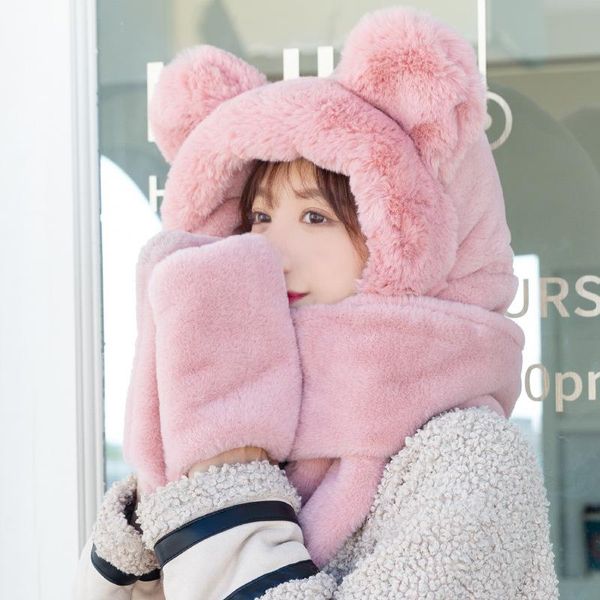 

hats, scarves & gloves sets cute bear ear hat scarf set winter women novelty caps warm casual plush hats solid fleece girl kawaii accessorie, Blue;gray