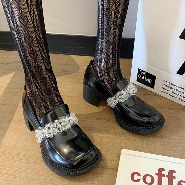 

dress shoes vogue transparent pearl high heels woman big round toe patent leather pumps women retro slip on chunky lolita, Black