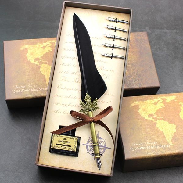 

feather quill metal nib dip pen writing ink set with gift box stationery antique fountain wedding birthday gifts pens