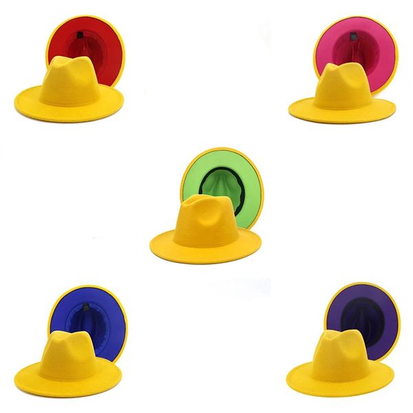 

yellow fedora cowboy hat for women men double-sided color cap gentleman elegant lady wool felt bowler jazz hats, Blue;gray