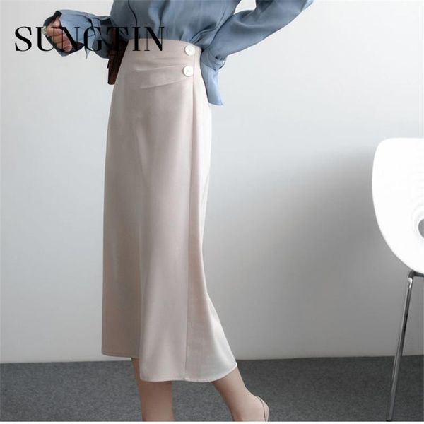 

sungtin elegant office lady button solid ankle length skirt women spring 2021 high waist slim daily female wrap long skirts, Black