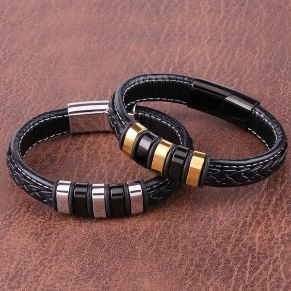 

charm bracelets wholesale exquisite stainless steel men's leather cord bracelet, Golden;silver