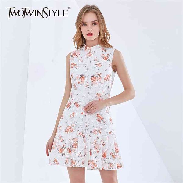 

hollow out print dress for women stand collar sleeveless high waist hit color mini dresses female fashion 210520, Black;gray