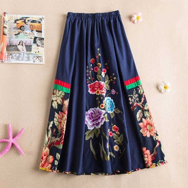 

skirts spring arts style women elastic waist loose a-line long skirt vintage floral embroidery cotton linen v246 tfmi, Black