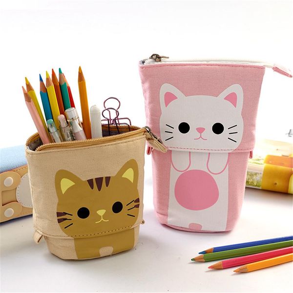 

retractable cartoon pencil case bags cute cat canvas stationery organizer school supplies pen cosmetic makeup bag ld61718