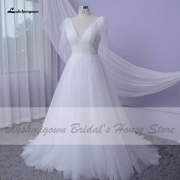 

other wedding dresses lakshmigown dress a line 2021 bruidsjurk chic bridal v-neck puffy tulle backless gowns lace bodice, White