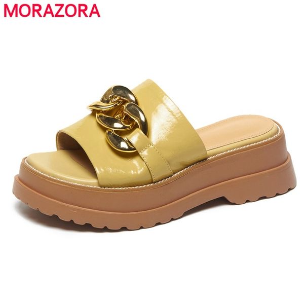 

morazora plus size 34-42 genuine leather slippers women shoes chain platform shoes female mules fashion handmade casual shoe 210506, Black
