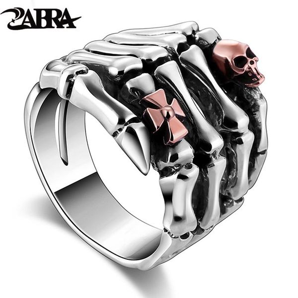 

cluster rings real 925 sterling silver for men skull hand with head vintage punk rock gothic bague fashion fine jewelry, Golden;silver