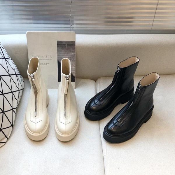 

boots 2021 zipper women genuine leather shoes thick bottom round toe botas de mujer designer woman, Black