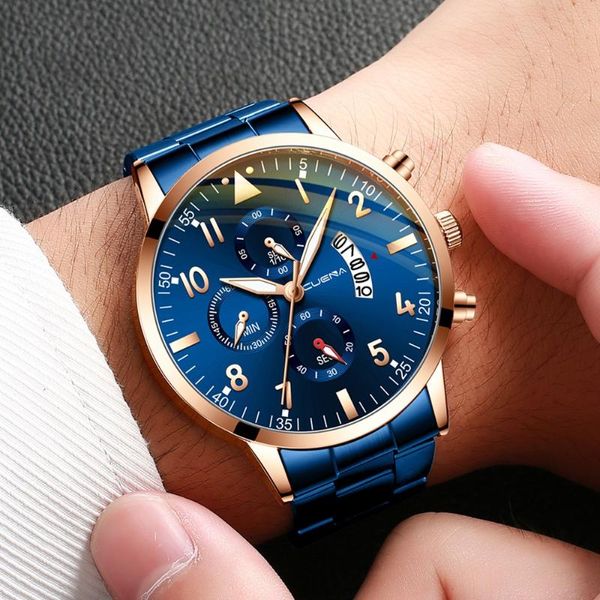 

wristwatches cuena men business fashion stainless steel analog date sport quartz wrist watch men's vintage casual montre homme, Slivery;brown