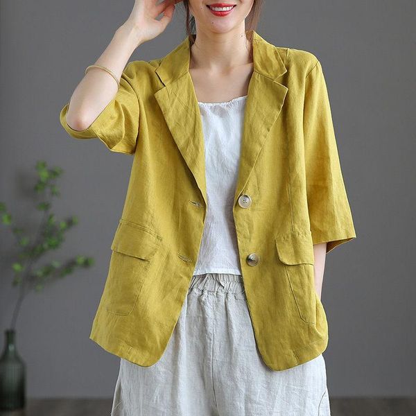 

women's suits & blazers retro cotton and linen blouse short jacket with middle sleeves casual summer blazer shirt korean zh1300, White;black