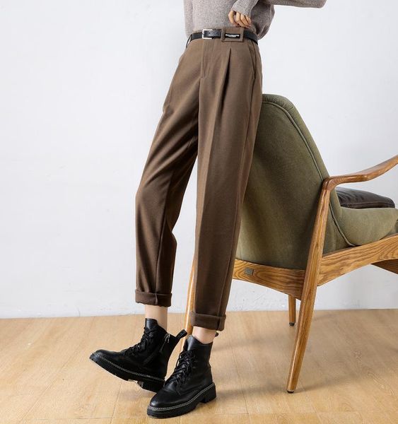 

fdfkalk spring autumn new black/khaki harem pants vintage slender office lady trousers high waist thicken wool suit, Black;white