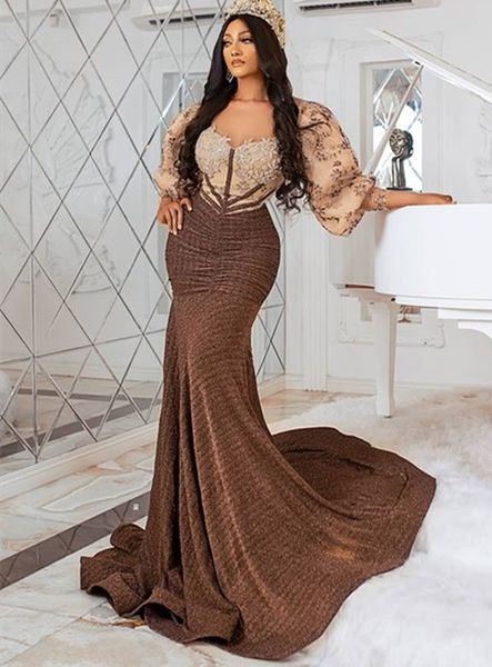 

2021 plus size arabic aso ebi brown mermaid prom dresses beaded lace sheer neck evening formal party second reception gowns zj295, Black