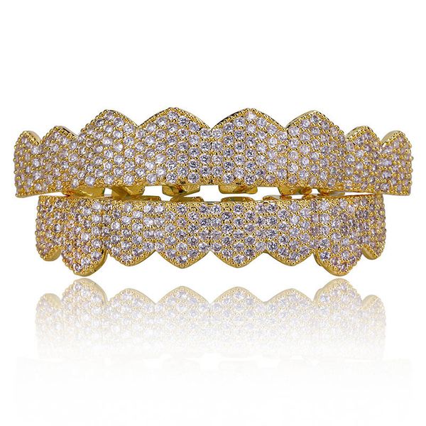 

custom fit gold silver color iced out hip hop teeth grillz micro pave cubic zircon & bottom teeth grills set, Black