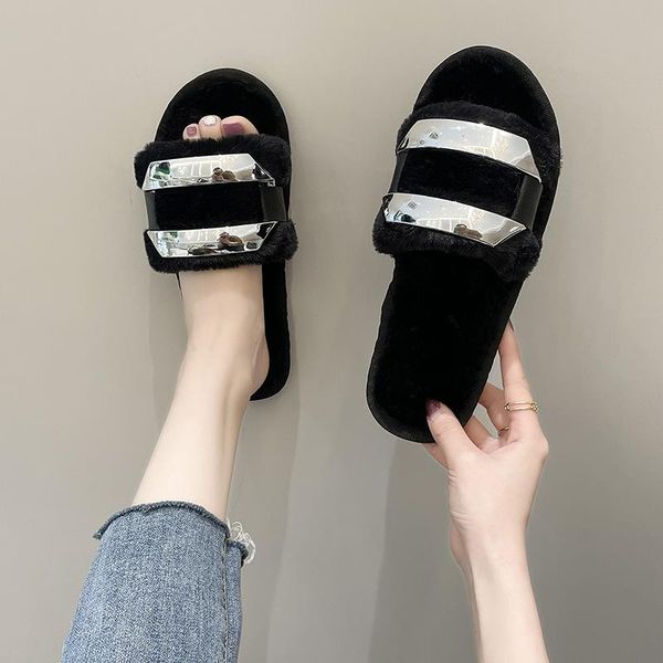 

slippers 2021 fashion metal decoration platform shoes women slip on open toe slides mules casual beach zapatos mujer, Black