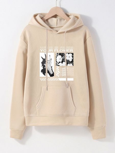 

floral & letter graphic drop shoulder drawstring thermal hoodie d4bs#, White;black