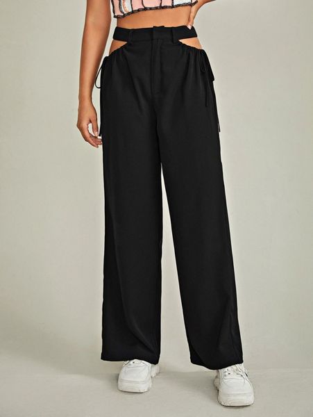 

zipper fly cutout knot waist palazzo pants d4jl#, Black;white