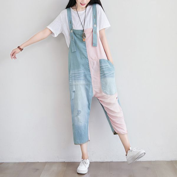 

women's jumpsuits & rompers color of contrast denim woman's overalls baggy manly drop suspenders cowboy pants loose wormholes ripp, Black;white