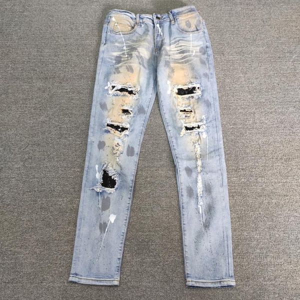 

men's jeans retro rhinstone men paint skinny stretch denim pants ripped fashion washed hole big size hip hop, Blue