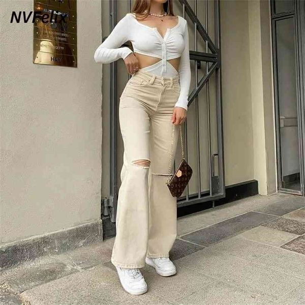 

women's fashion jeans summer casual wide leg pants loose high waist trousers vintage straight ripped mom baggy 210915, Blue