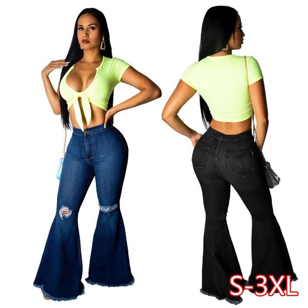 

women's jeans fashion denim flare pants women retro ripped wide leg trousers lady casual bell-bottoms female woman, Blue