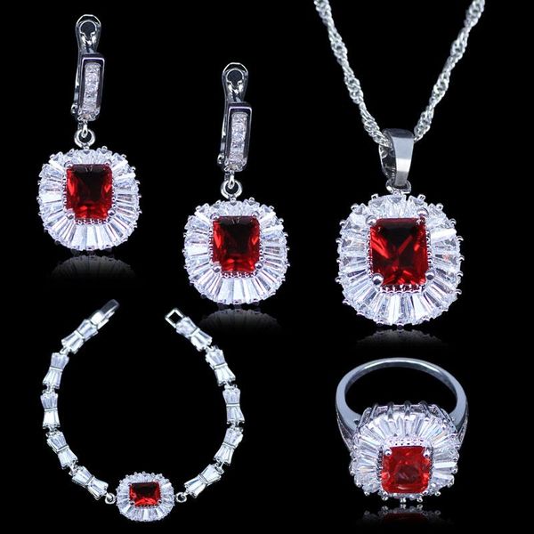 

earrings & necklace l&b + quality roma royal square simple style red created garnet white zirconia silver color jewelry sets for women pr